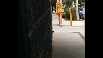 Preview 3 of Bbw Asia - CANDID super sexy blonde walking down the street in a sexy yellow dress