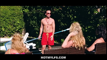 Preview 1 of Alura With Teen Couple - Two Horny Big Tits MILFs Rachael Cavalli &amp_ Sheena Ryder Seduce And Fuck Young Lifeguard