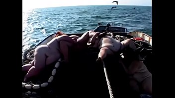 Preview 4 of Female Milking Dildo Older - Four dirty BBW lifeguards fuck each other on the deck with toys on the boat