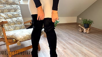 Preview 2 of Pashto Pakistan Xxxvidio - hot slut wearing white leggings,  black suede overknee boots and latex gloves for spreading ass sex - projectfundiary