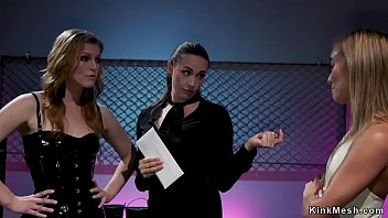 Preview 1 of Une Bagra - Busty lesbian whips butts to two slaves