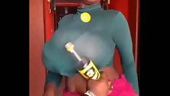 Preview 3 of Two Big American Cocks Face Fuck - GHANA GIRL OPENS A BOTTLED d. WITH HER BREASTS