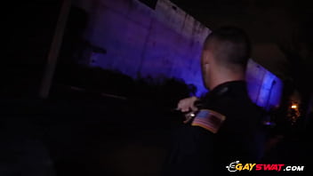 Preview 1 of Wall Com - TWO gay cops SUCK and RIDE big black COCK outdoors HARDCORE