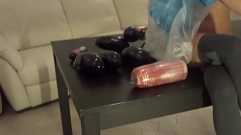 Preview 1 of In Universiy - Young V enjoys STUFFING EGGPLANTS COMPLETELY up her vagina,  then A BOTTLE up her vagina!