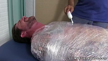 Preview 3 of Sex Video Gal Gal - Jock Clint wrapped up to have his feet tickled BDSM style
