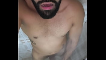 Preview 4 of Hot Cheerleader Handjob - Camilo Brown Jerking His Big Uncut Cock in the Shower and Eating His Own Cum