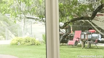 Preview 1 of Secret Sex On Bed - Young Brunette Having Hardcore Outdoor Sex With Her Biker Neighbor