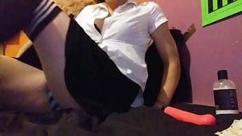 Preview 1 of Reagan Foxx In Bathroom - cute trans school girl plays with pink toy