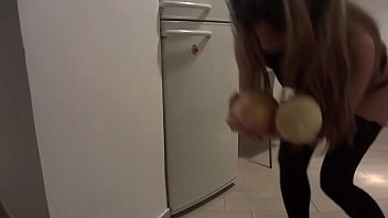 Preview 1 of Mia Lelani Squarit - Young V inserts apples,  then a HUGE CHEESE ROLL,  and finally a gourd up her vagina!