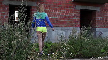 Preview 1 of Girdles On Men - Russian Girl Sasha Bikeyeva - Fit girl caught by a Construction worker when she masturbated at a construction site after a run - ENGLISH SUBTITLES