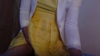 Preview 3 of Border Mom Xxx - Bridesmaid crossdresser in cute yellow dress and white blazer
