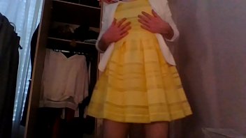 Preview 1 of Border Mom Xxx - Bridesmaid crossdresser in cute yellow dress and white blazer