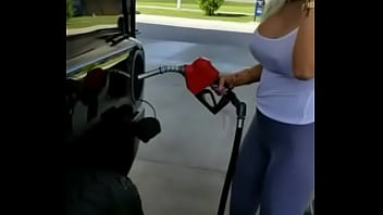 Preview 1 of Big Figer Hot - Bra less girl filling gas