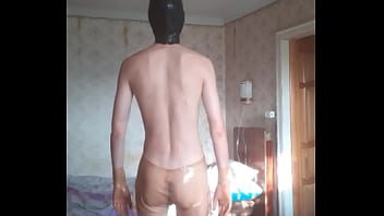 Preview 1 of I Eject Inside Her Ass - Guy in transparent latex shorts and gloves