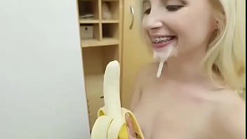 Preview 4 of Phsuy Hair - Tiny blonde girl with braces gets facial and eats banana