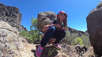 Preview 3 of Wren Mikasa - PISS PISS TRAVEL - Young girl tourist peeing in the mountains Gran Canaria. Public Canarias