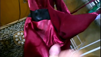 Preview 1 of Pointy Heels7 - cum long red satin prom dress