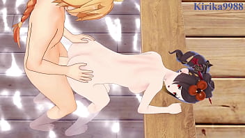 Preview 3 of Lana Roades Birthday - Mona and Chiori and Aether intense sex. - Genshin Impact Hentai