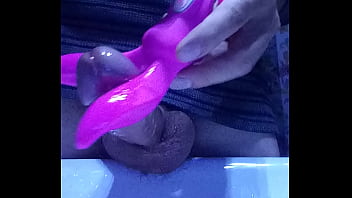Preview 1 of Sex Postmortem Video - Slow jerk with my wife&#039_s vibrator lots of cum in glass tight balls finger in asshole