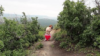 Preview 4 of Double Xnx Sex Videos Woman - Redhead Fucks Dildo Outside In Dinosaur Costume