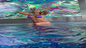 Preview 3 of Sixi Full Video - Monika Fox In Purple Bikini Swims In Pool &amp_ Poses By Window Against Background Of City (Free)