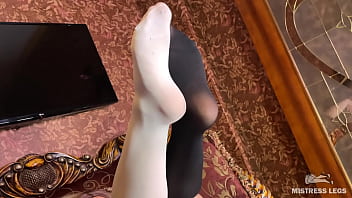 Preview 4 of Xexy Aunt - Goddess foot tease in black and white pantyhose