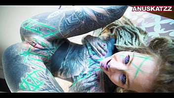 Preview 2 of Shy Teen Big Tall Man - Tattoo girl Anuskatzz anal cumplay cum fetish gape ass gaping skinny inked solo play goth emo punk