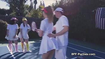 Preview 2 of Real Cuck - Tennis court fourway with horny teen besties