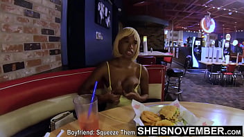 Preview 4 of Alexsz Txzas - 4k Msnovember Flashing Her Titties,  Eating Food,  And Talking About A Scary Movie With Her Boyfriend To Avoid Him Talking About Her Cheating,  Pulling Out Huge Natural Boobs With Black Nipples And Round Areolas Hd Sheisnovember