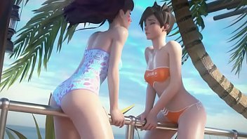 Preview 1 of Casting Hairy Innocent Girl - D.Va and Tracer on Vacation Overwatch (Animation W/Sound)