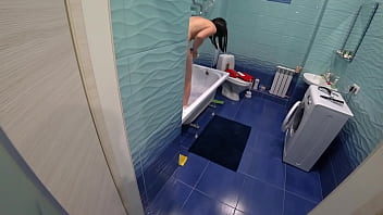 Preview 1 of Foursome Brasil - Lesbian spies on a girlfriend in the shower,  then washes her big ass and hairy pussy and fucks in anal until orgasm. POV.