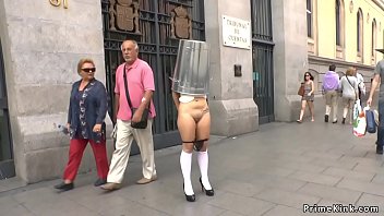 Preview 2 of Corset Gagged Bondage Collar - Spanish slave naked d. in public