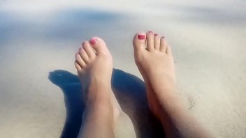 Preview 2 of One Bar Prison Bondage - MILF teases you with her miniature feets on the beach,  playing with them in the sand and the sea.