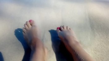Preview 1 of One Bar Prison Bondage - MILF teases you with her miniature feets on the beach,  playing with them in the sand and the sea.