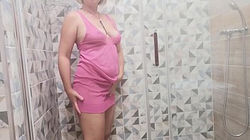 Preview 1 of Sarasaenz Masturbate - MILF teases you in a see-through dress in the shower and masturbates to a strong orgasm.