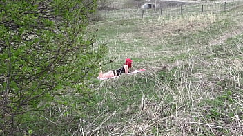 Preview 1 of Lesbian Channels - Voyeur spies on a girl with a big ass that masturbates outdoors. Organic masturbation with cucumber.