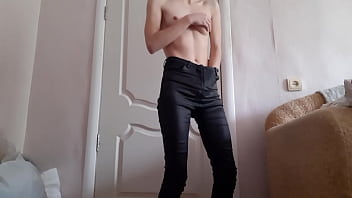Preview 3 of Mom Xxx Lactating - Skinny girl masturbates in leather pants