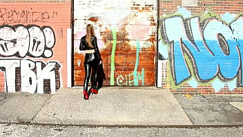 Preview 1 of Girls Anal Free - Blonde posing in black leather pants,  leather jacket and high heels