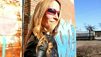 Preview 4 of Girls Anal Free - Blonde posing in black leather pants,  leather jacket and high heels