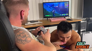 Preview 2 of Pakistani Xnx Download - Colt Spence Keeps Personal Cocksucker Under Desk While Gaming,  Rough Anal