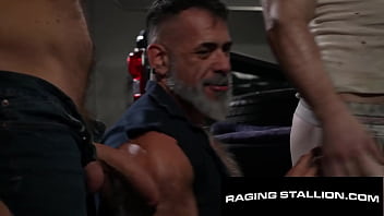 Preview 2 of Beautiful Fresh Girl Hard Fuck - Muscle Mechanic Smashed By Hairy Assed Coworked &amp_ Hot Daddy - Wade Wolfgar,  Lawson James,  Brody Meyer - RagingStallion