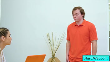 Preview 1 of Sunny Linda - Sexy blonde teen masseuse gives amazing wet nuru massage and more (Delilah Day,  Anthony Pierce)