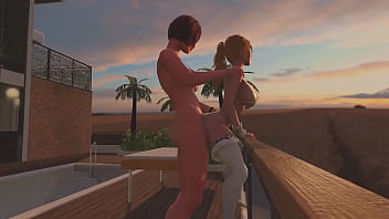 Preview 3 of Wife Wants Sex Hubby Watches - Redhead Shemale fucks Blonde Tranny - Anal Sex,  3D Futanari Cartoon Porno On the Sunset