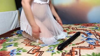 Preview 1 of Ate Love - Brunette in nylon knee socks masturbates on the bed,  big dildo fucks anal and pussy.