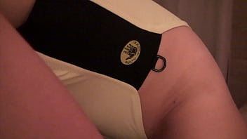 Preview 3 of Xxexy Moveboilywood - Cum On One Piece Swimsuit - Retro 80s Body Glove One Piece Swimsuit Sex Cumshot with Petite Asian being Foreskin Rubbed and Fucked by Guy with Uncut Cock