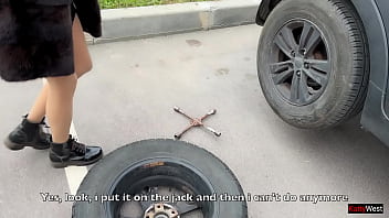 Preview 1 of Sunn Leneo Xnxx - Girl in Fur Coat Thanks Guy for Helping With Broken Car and Lets Him Cum on Face - Katty West