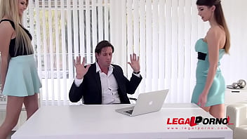 Preview 1 of Sunny Xxxdom - Leggy babes Susan Ayn &amp_ Karina Grand seduce guy for hardcore office fuck GP621
