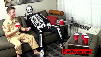 Preview 1 of Orgsms Xxx Full Hdcom - FtmFucks.com - Trick or Treat!? Gaybuster FTM jock Luke Hudson fucked by Zack Grayson who is dressed in a scary skeleton costume!