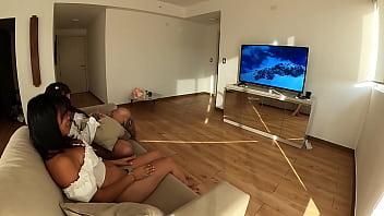 Preview 1 of Sofia Andres Sex Video - I fucked the trans girl and her stepsister in the living room while their parents watch television