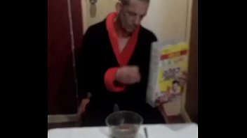 Preview 1 of Slave Latex Domina Mistresss Guy - bisexual guy enjoying his coco pops breakfast covered in his own piss and cum